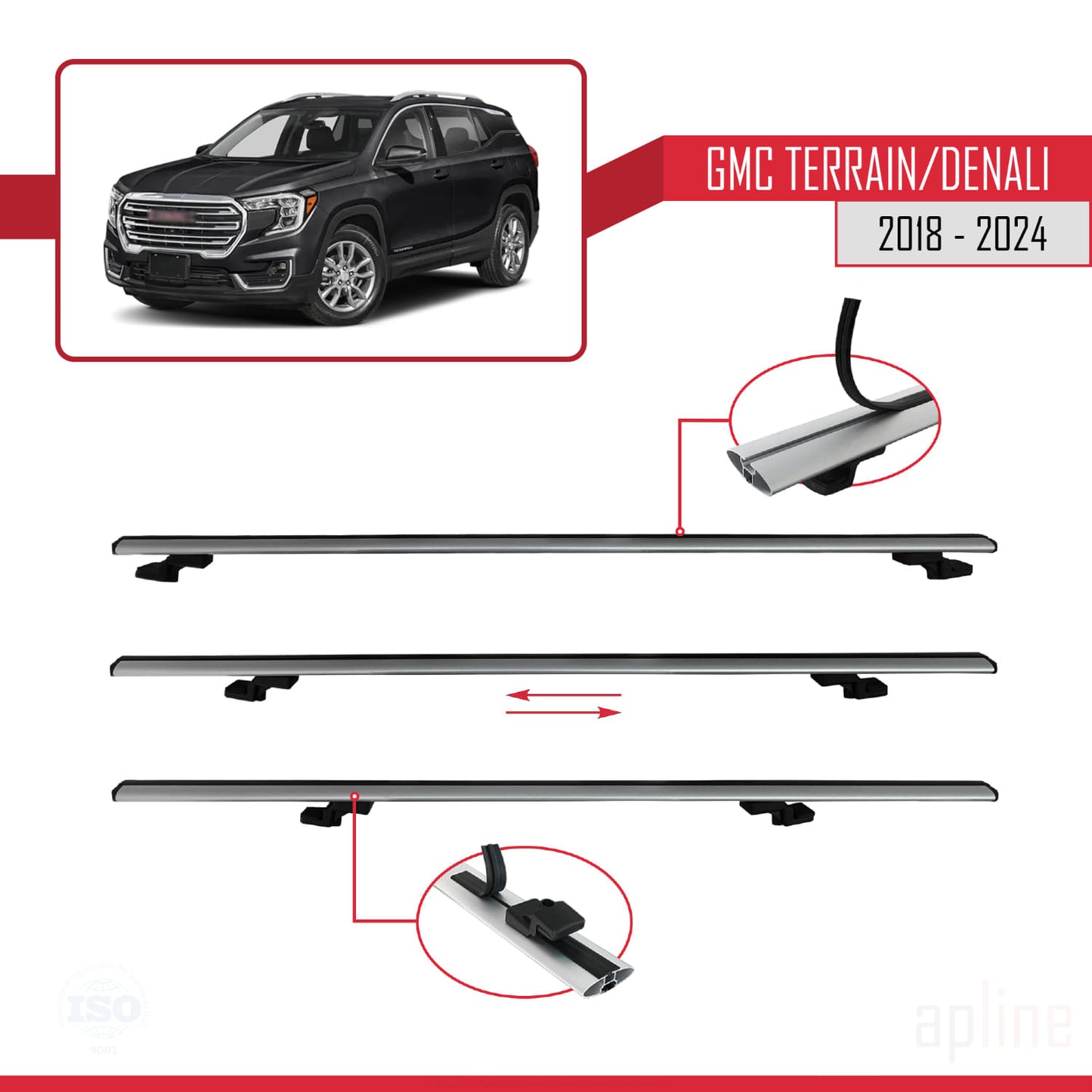 Compatibile con GMC Terrain / Denali 2018-2024 modello BASIC Barre portatutto per auto in alluminio grigio 2 barre