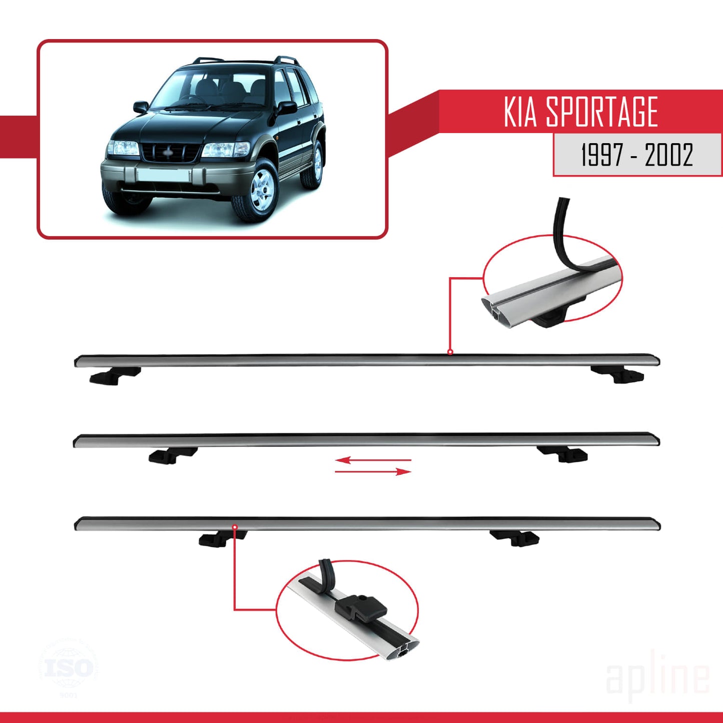 Compatible avec Kia Sportage 1997-2002 BASIC Model Barres de Toit Railing Porte-Bagages de Voiture Gris Aluminium 3 Barres