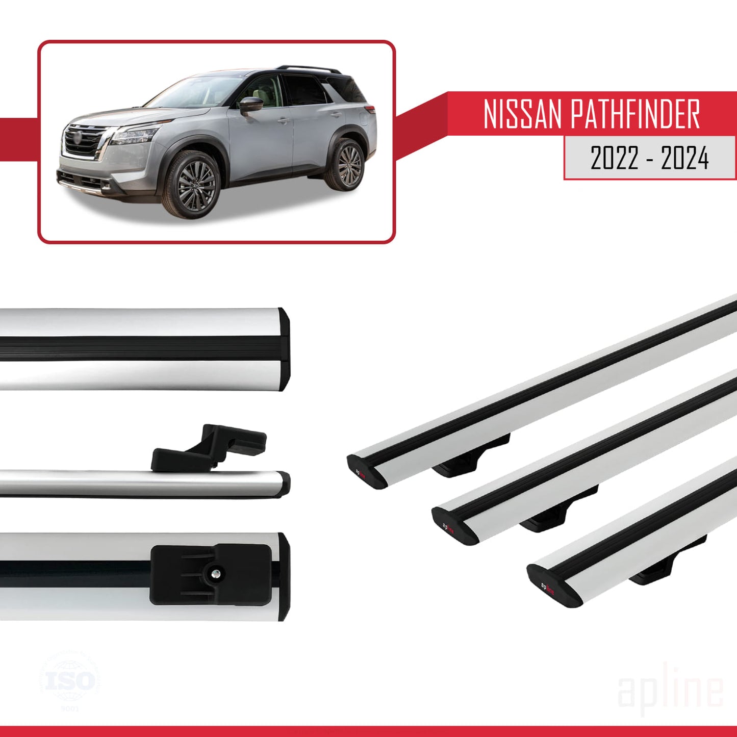 Compatible avec Nissan Pathfinder 2022-2024 BASIC Model Barres de Toit Railing Porte-Bagages de Voiture Gris Aluminium 3 Barres