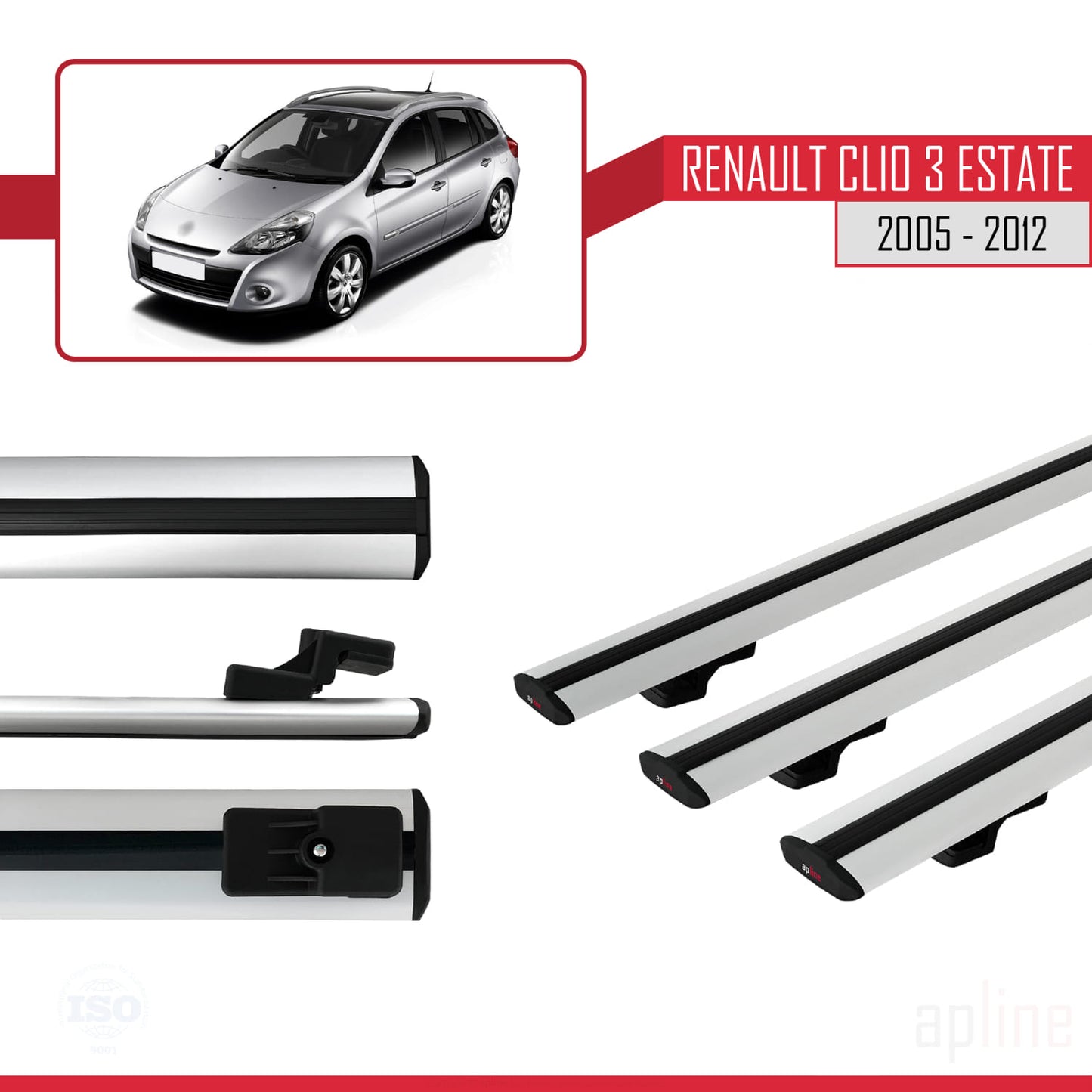 Compatible avec Renault Clio 3 Estate 2005-2012 BASIC Model Barres de Toit Railing Porte-Bagages de Voiture Gris Aluminium 3 Barres