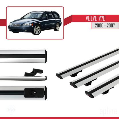 Compatible with Volvo V70 2000-2007 BASIC Model Car Roof Rack Cross Bar Grey Aluminium 3 Bars