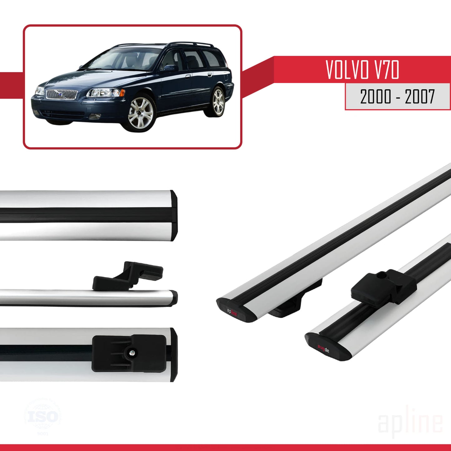 Compatibile con Volvo V70 2000-2007 BASIC Model Barre Tetto Portapacchi Auto Barre Portatutto Grigo Alluminio 2 Barre