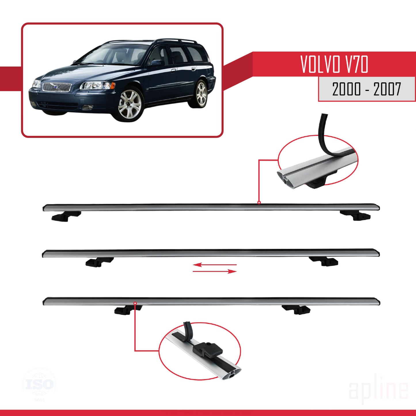 Compatibile con Volvo V70 2000-2007 BASIC Model Barre Tetto Portapacchi Auto Barre Portatutto Grigo Alluminio 2 Barre