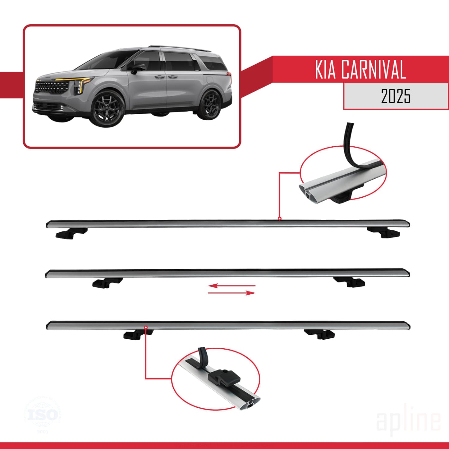 Compatible with Kia Carnival 2025 BASIC Model Car Roof Rack Cross Bar Grey Aluminium 3 Bars
