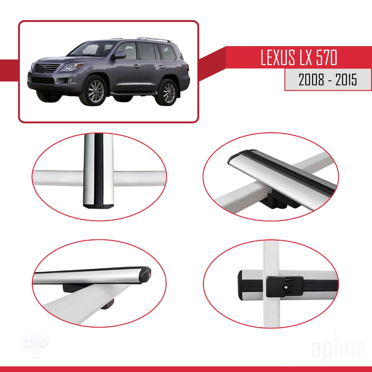 Compatible avec Lexus LX 570 2008-2015 BASIC Model Barres de Toit Railing Porte-Bagages de Voiture Gris Aluminium 3 Barres