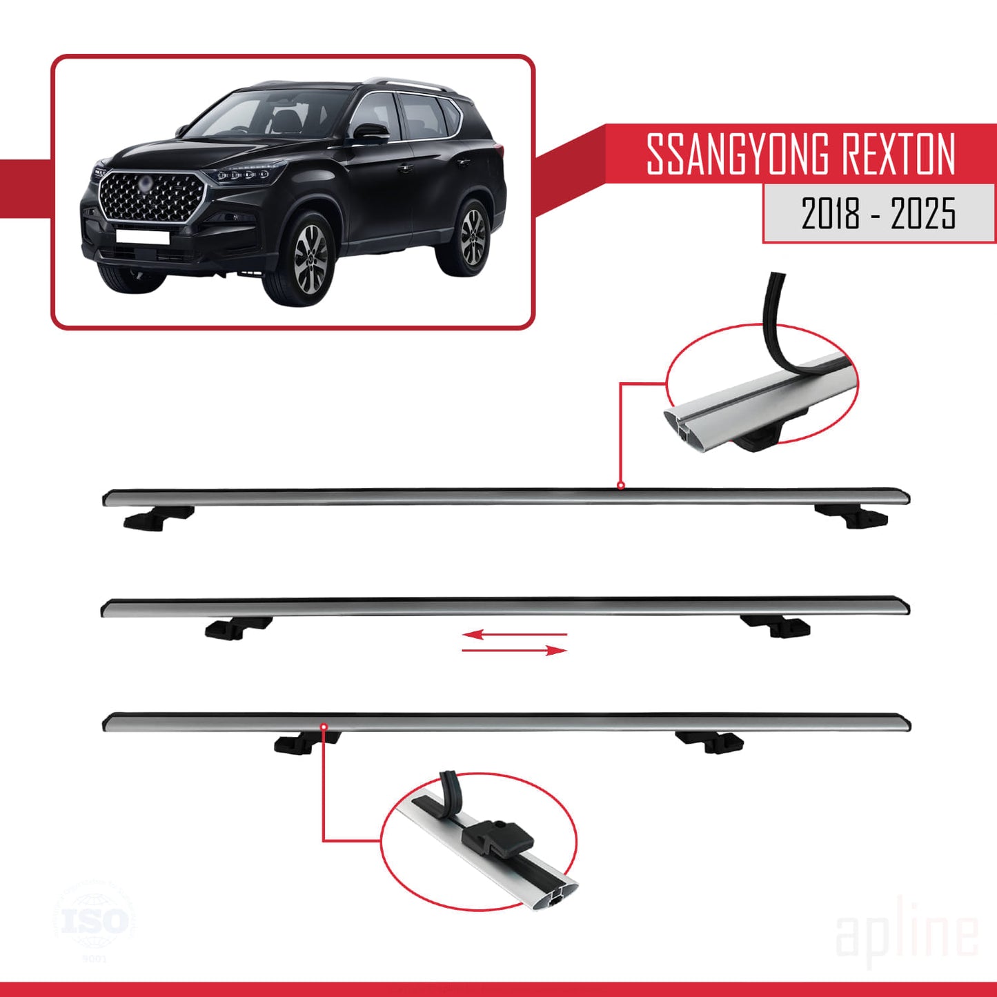 Compatible avec SsangYong Rexton 2018-2025 BASIC Model Barres de Toit Railing Porte-Bagages de Voiture Gris Aluminium 3 Barres