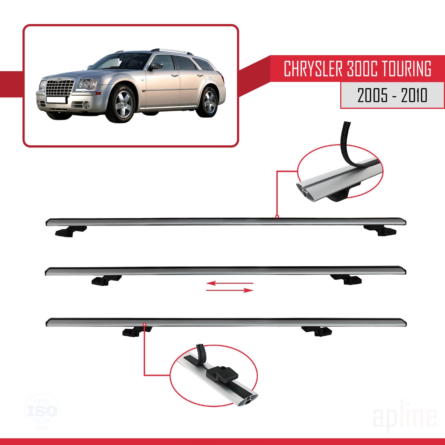 Compatibile con Chrysler 300C Touring 2005-2010 modello BASIC Barre portatutto per auto Portapacchi in alluminio grigio 2 barre
