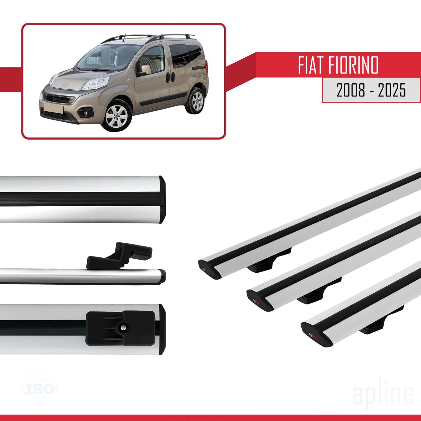 Compatibile con Fiat Fiorino (Modello Tubolare) 2008-2025 Modello BASIC Barre Portatutto Portapacchi Auto Alluminio Grigio 3 Barre