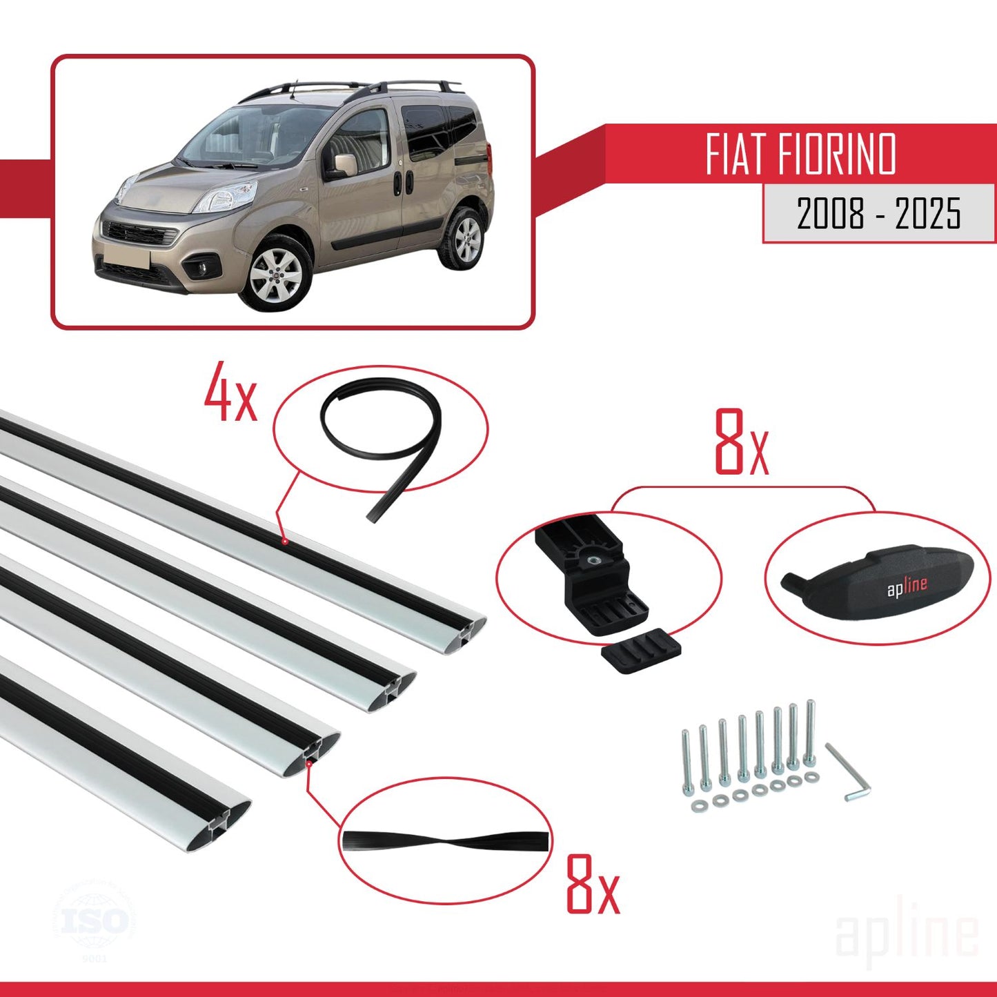 Compatibile con Fiat Fiorino (Modello Tubolare) 2008-2025 Modello BASIC Barre Portatutto Portapacchi Auto Alluminio Grigio 4 Barre