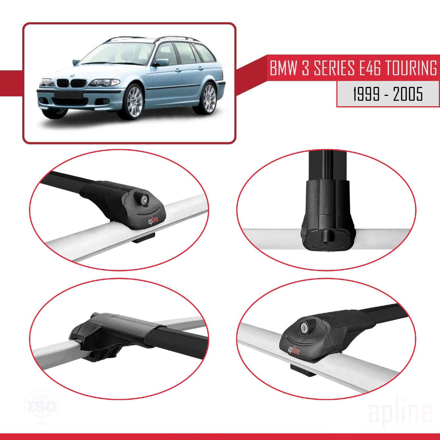 Compatibile con BMW Serie 3 (E46) Touring 1999-2005 Barre portatutto ACE-1 Portapacchi per auto in alluminio nero 3 barre