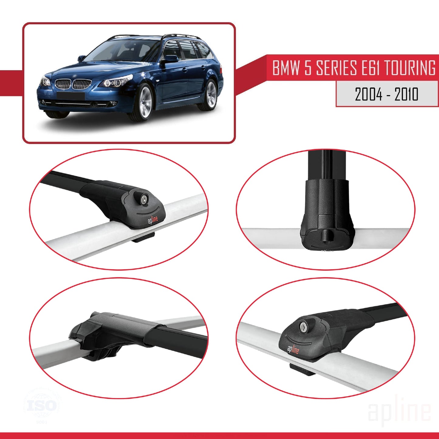 Compatibile con BMW Serie 5 (E61) Touring 2004-2010 Barre portatutto ACE-1 Portapacchi per auto in alluminio nero 3 barre