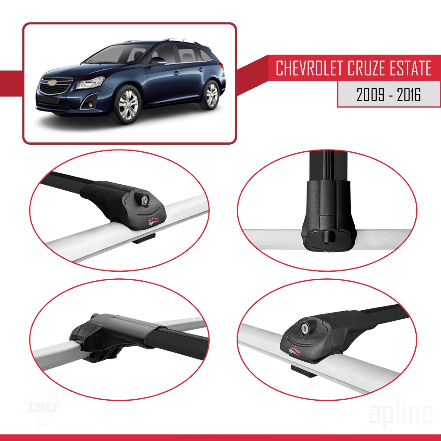 Compatibile con Chevrolet Cruze (J300) 2009-2016 ACE-1 Barre portatutto per auto Portapacchi in alluminio nero 3 barre