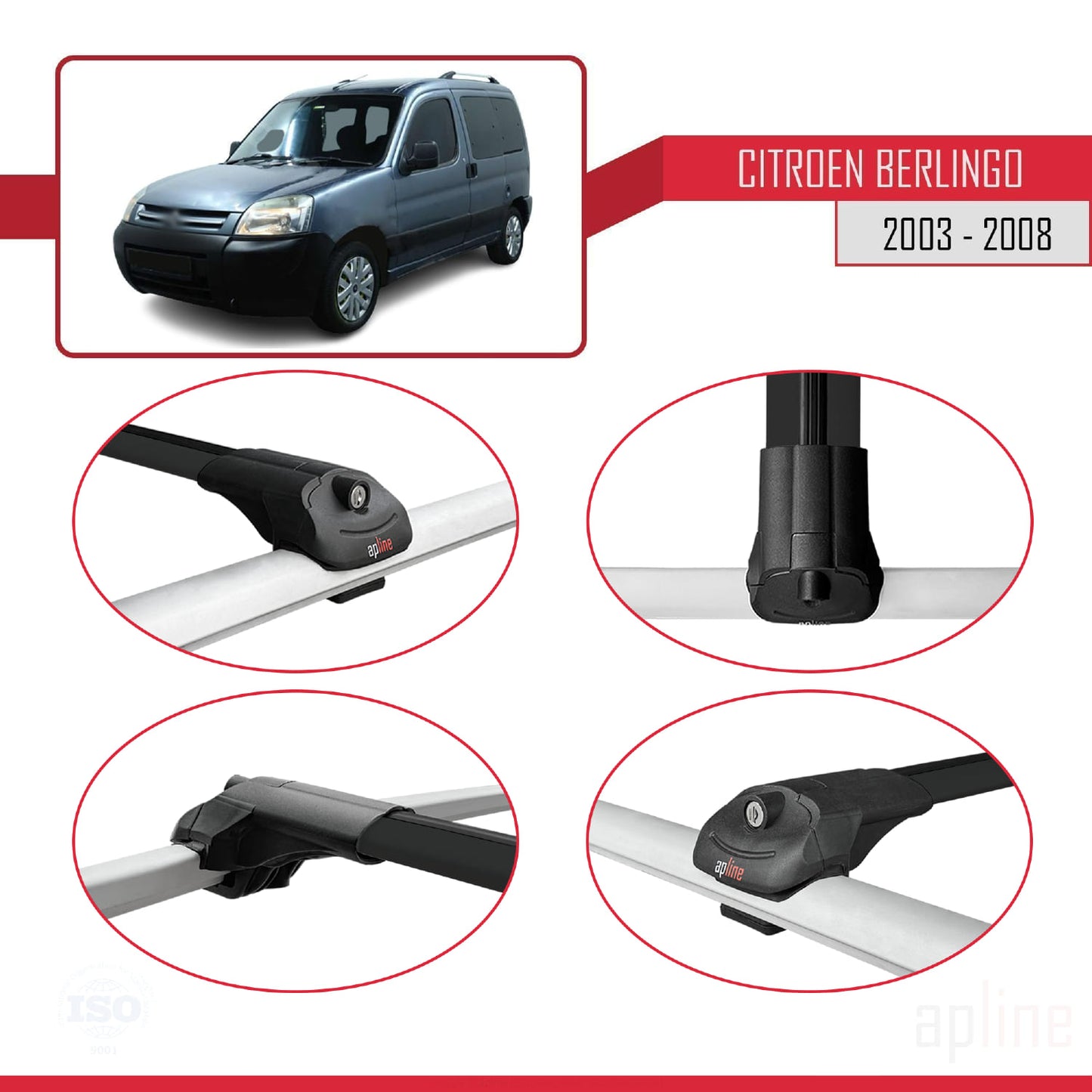 Compatibile con Citroen Berlingo (M59) 2003-2008 ACE-1 Barre portatutto per auto Portapacchi in alluminio nero 4 barre