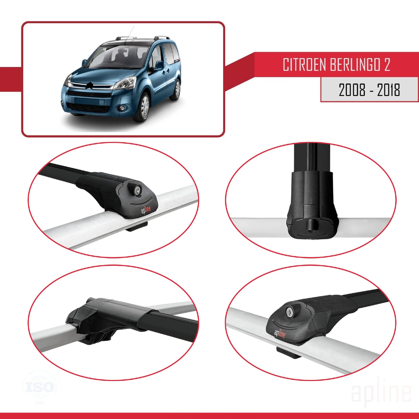 Compatibile con Citroen Berlingo 2 (B9) 2008-2018 ACE-1 Barre portatutto per auto Portapacchi in alluminio nero 3 barre