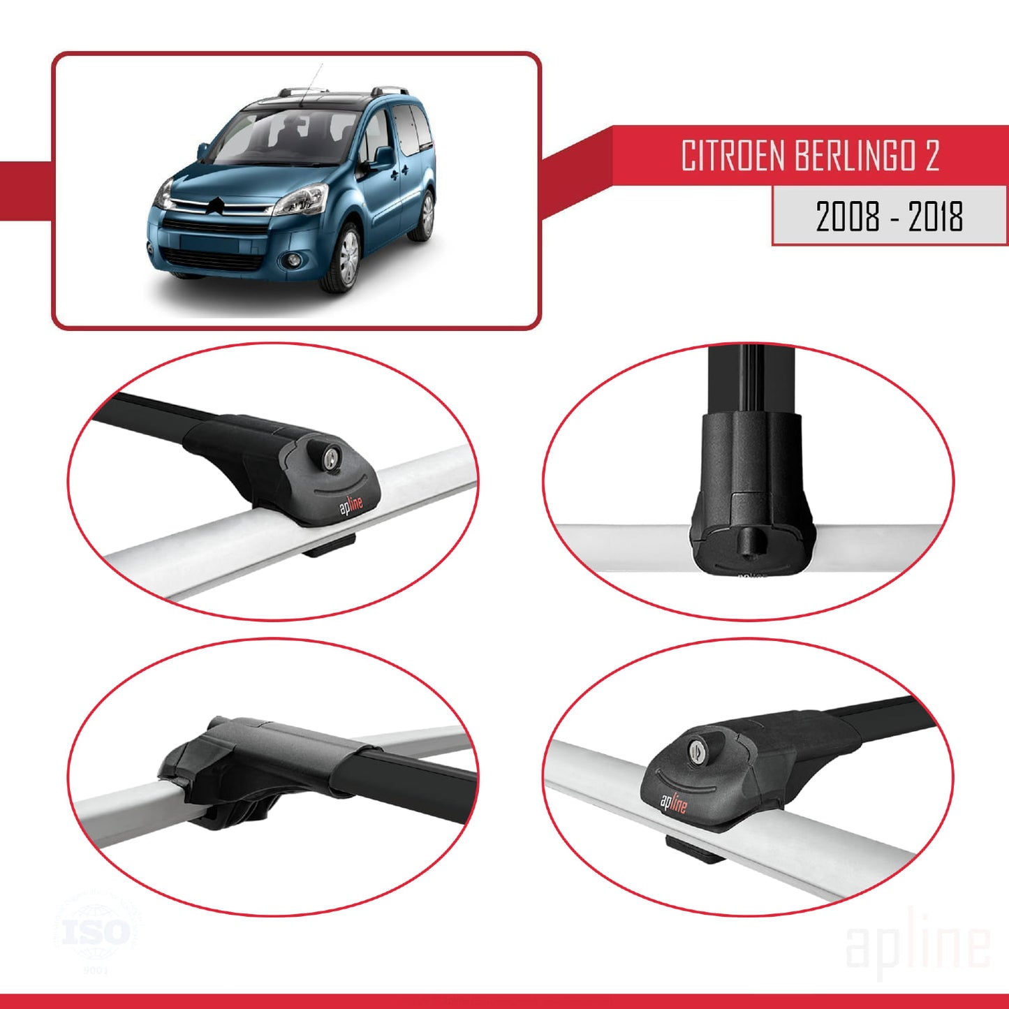 Compatibile con Citroen Berlingo 2 (B9) 2008-2018 ACE-1 Barre portatutto per auto Portapacchi in alluminio nero 4 barre