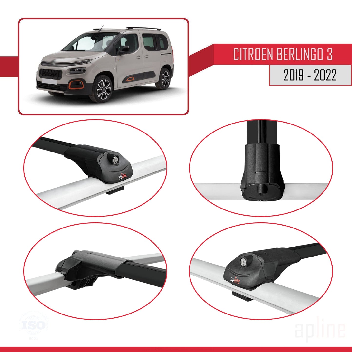 Compatibile con Citroen Berlingo 3 (K9) 2019-2022 ACE-1 Barre portatutto per auto Portapacchi in alluminio nero 2 barre
