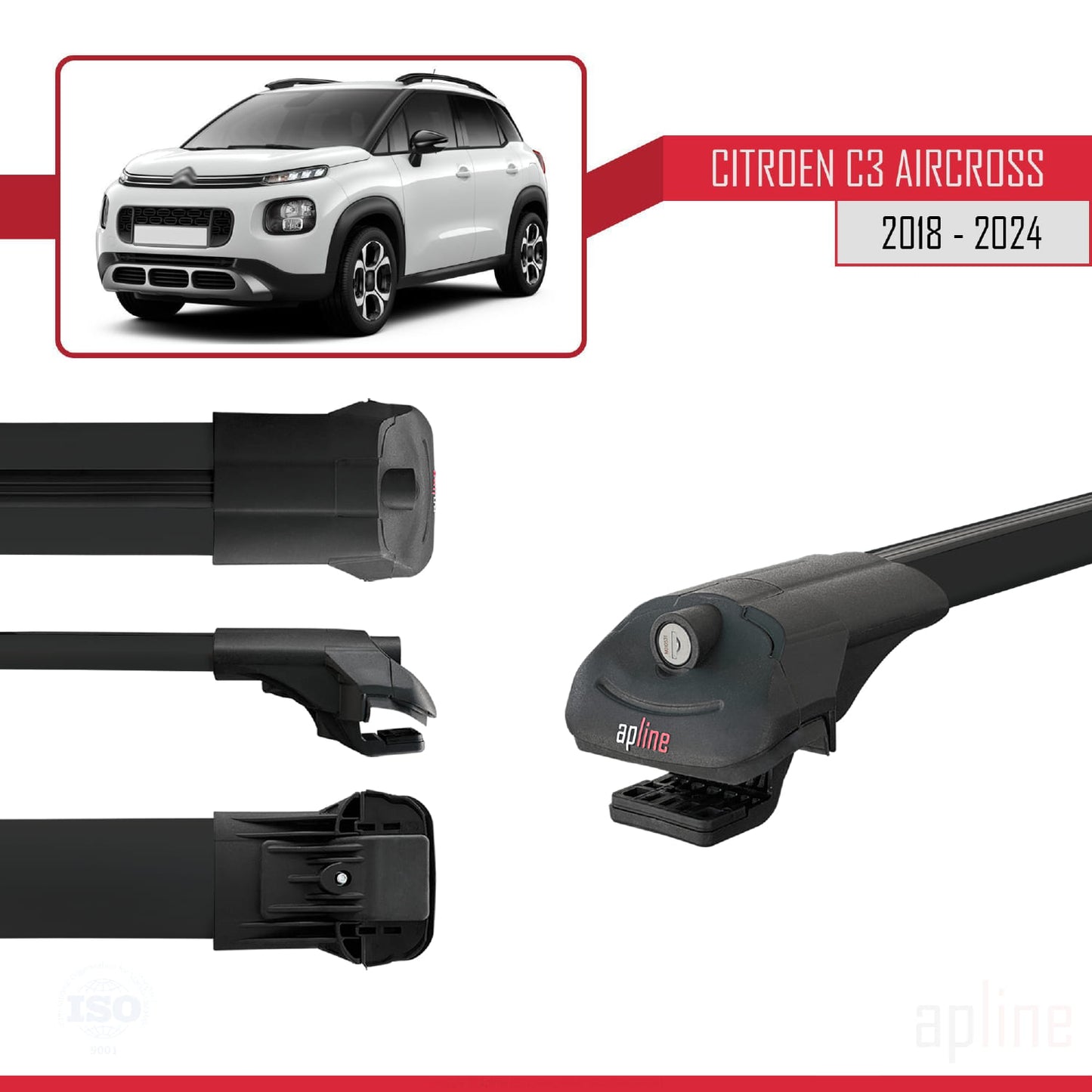 Compatibile con Citroen C3 Aircross (A88) 2018-2024 ACE-1 Barre portatutto per auto Portapacchi in alluminio nero 3 barre
