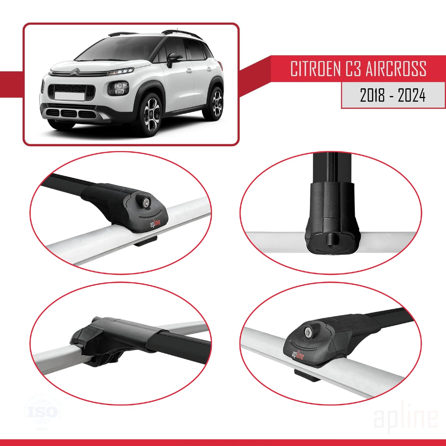 Compatibile con Citroen C3 Aircross (A88) 2018-2024 ACE-1 Barre portatutto per auto Portapacchi in alluminio nero 2 barre