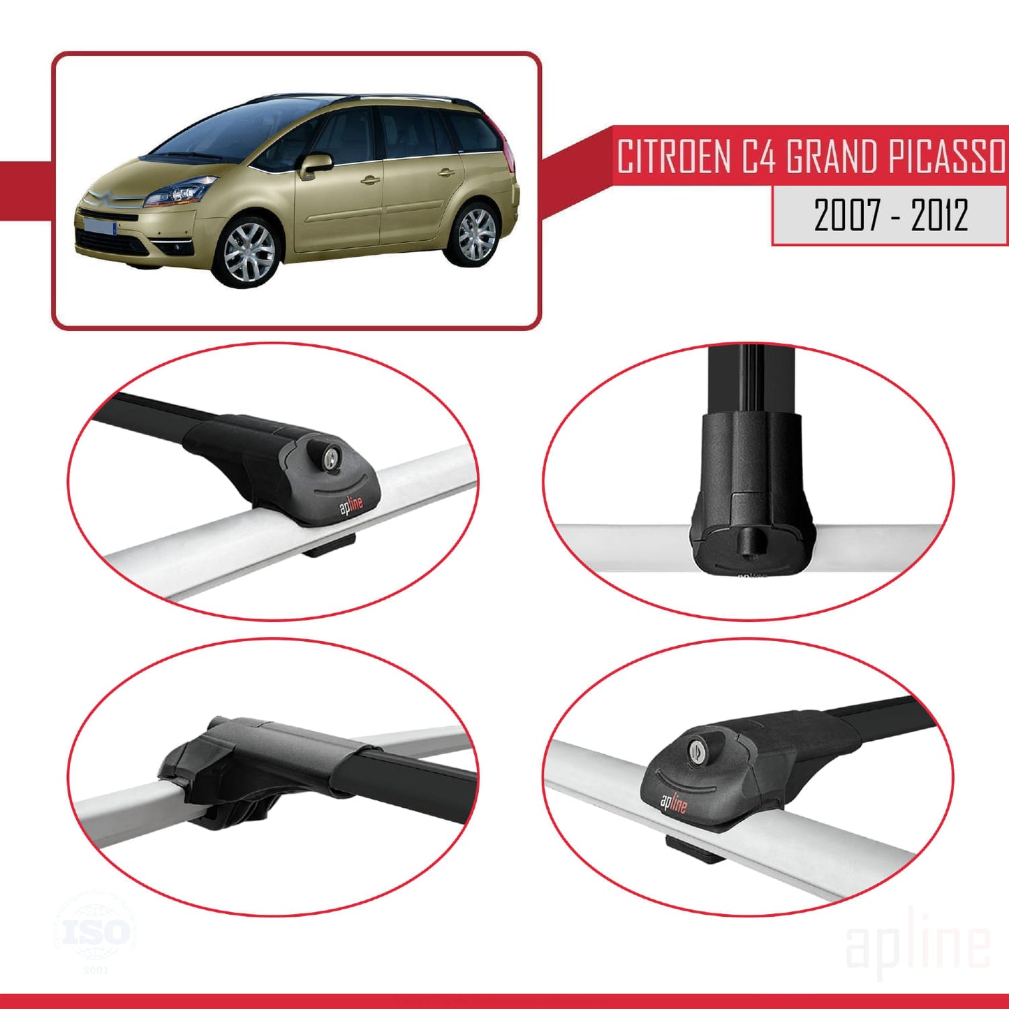 Compatibile con Citroen Grand C4 Picasso 2007-2012 ACE-1 Barre portatutto per auto Portapacchi in alluminio nero 3 barre