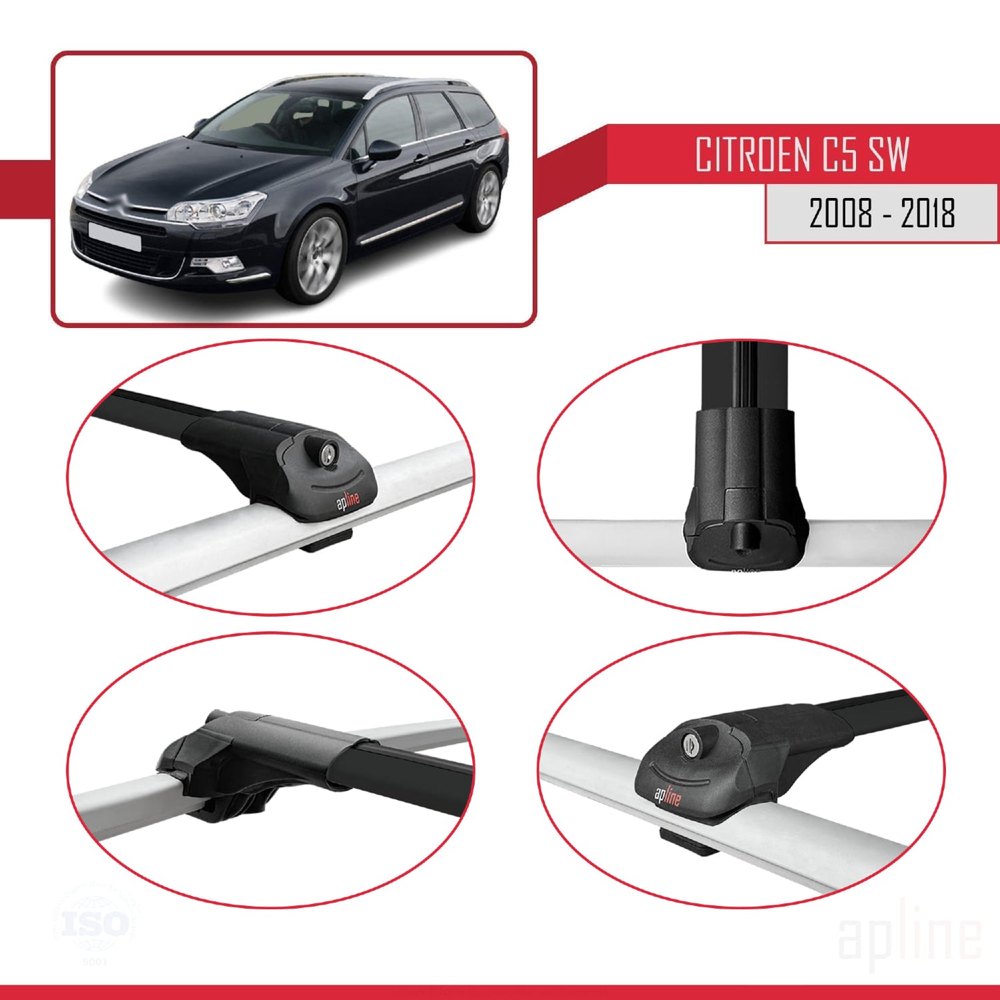 Compatibile con Citroen C5 II Tourer 2008-2018 ACE-1 Barre portatutto per auto Portapacchi in alluminio nero 2 barre