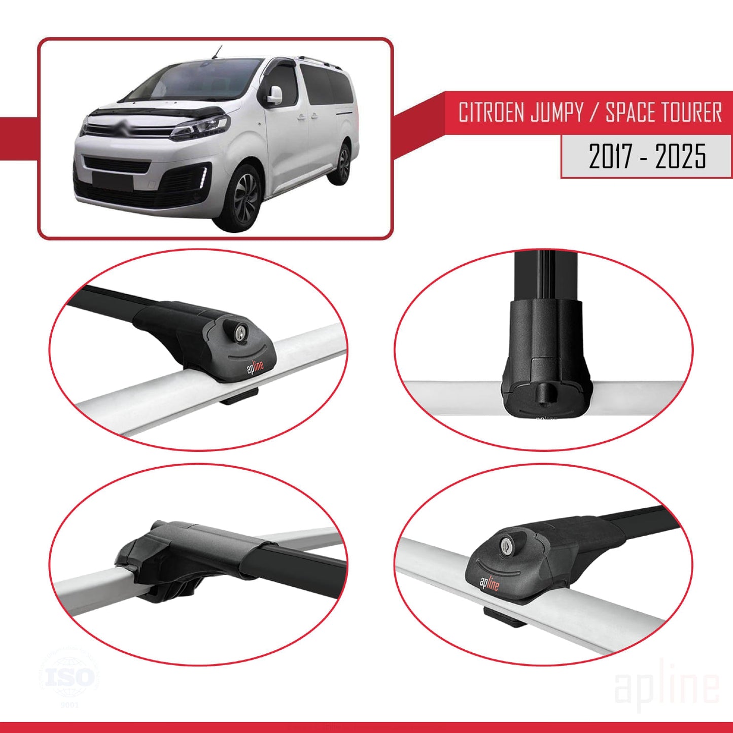 Compatibile con Citroen Jumpy 3 (K0) Space Tourer 2017-2025 ACE-1 Barre portatutto per auto Portapacchi in alluminio nero 4 barre