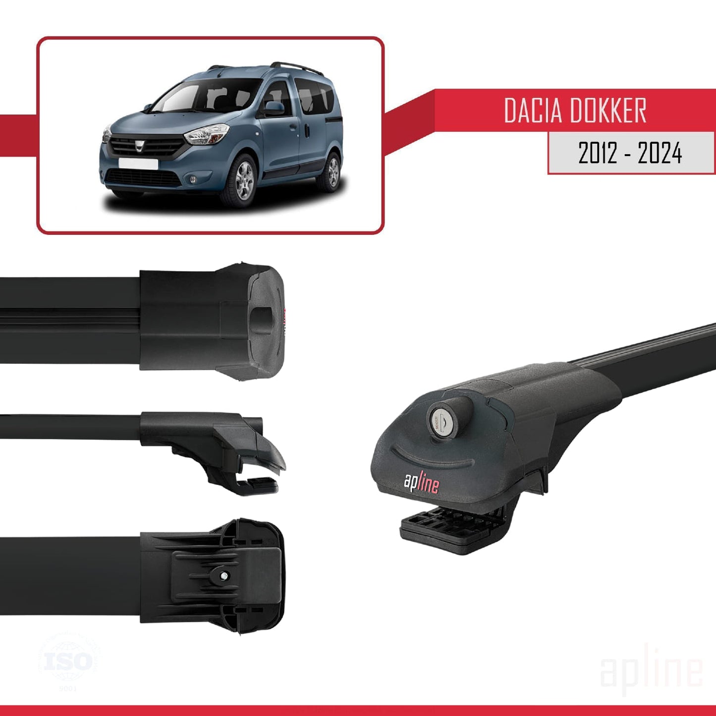 Compatibile con Dacia Dokker (K67) 2012-2024 ACE-1 Barre portatutto per auto Portapacchi in alluminio nero 3 barre