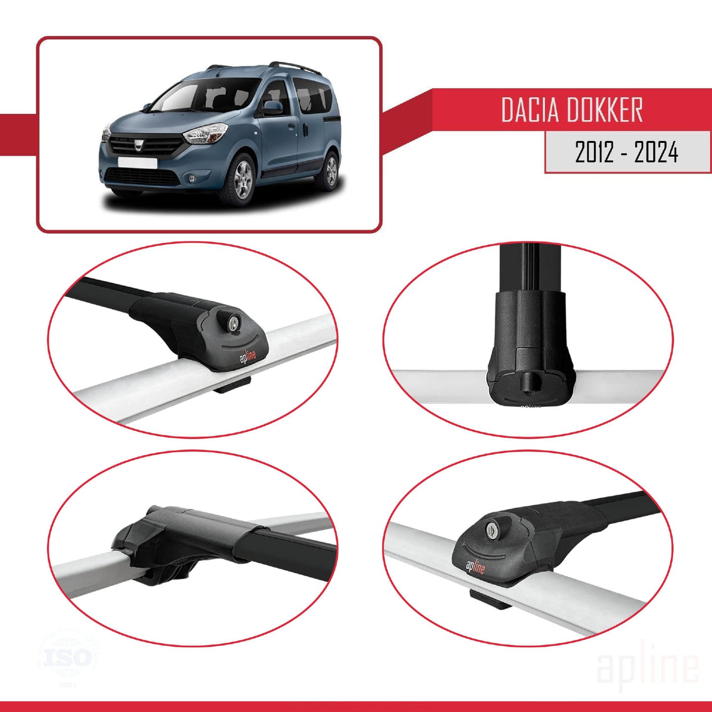 Compatibile con Dacia Dokker (K67) 2012-2024 ACE-1 Barre portatutto per auto Portapacchi in alluminio nero 3 barre