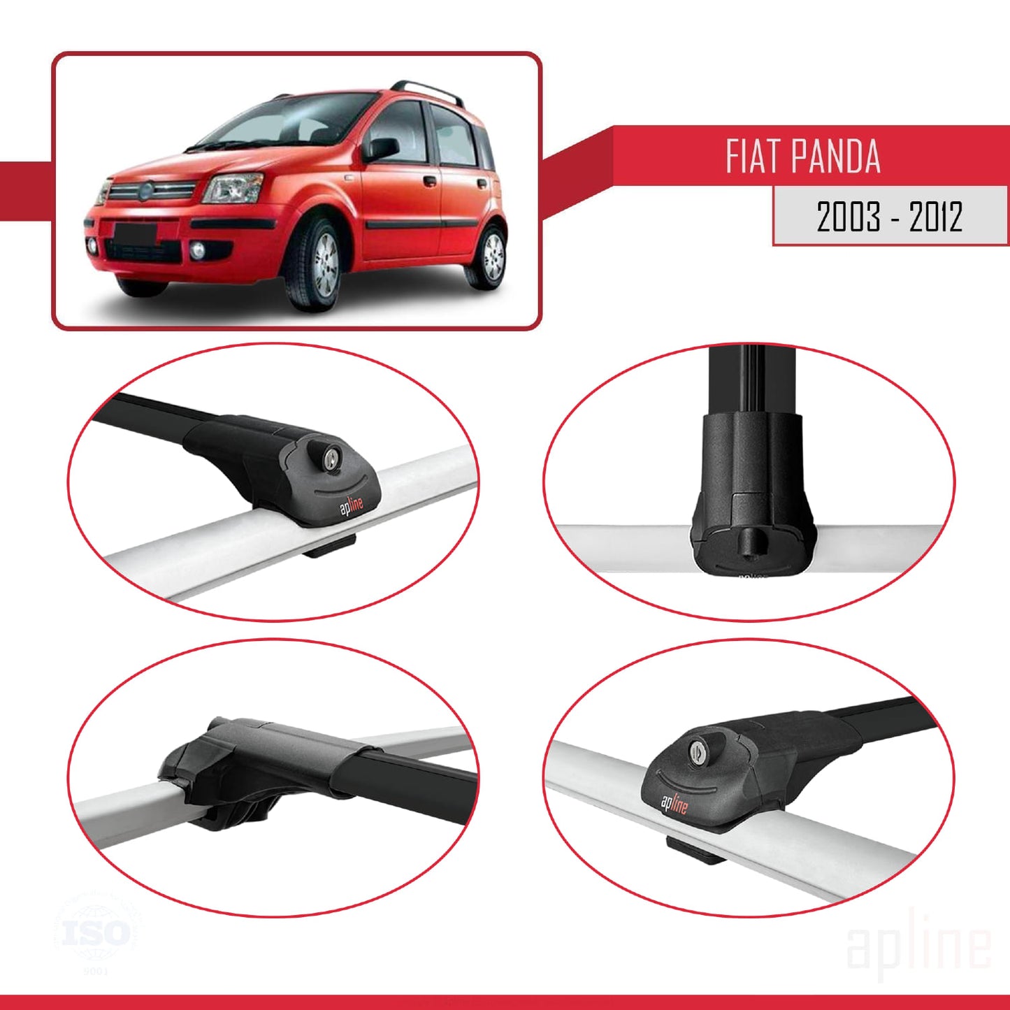 Kompatibel mit Fiat Panda 2 (169) 2003-2012 ACE-1 Dachgepäckträger, Gepäckträger, schwarzes Aluminium, 2 Stangen