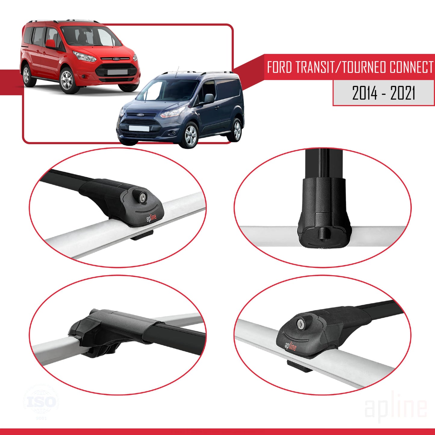 Compatibile con Ford Transit/Tourneo Connect 2 2014-2021 ACE-1 Barre portatutto per auto Portapacchi in alluminio nero 4 barre