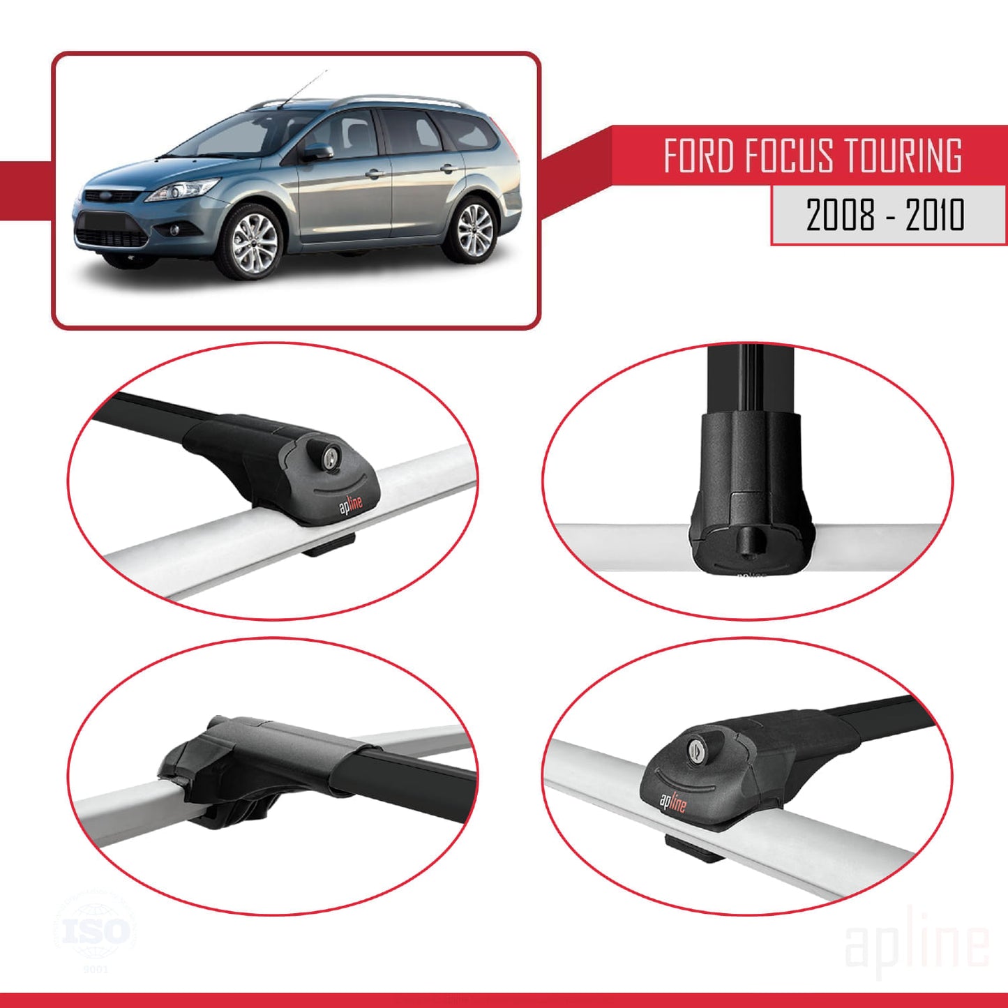 Compatibile con Ford Focus 2 (C307) Turnier 2008-2010 Barre portatutto ACE-1 per auto, barre portatutto in alluminio nero, 3 barre