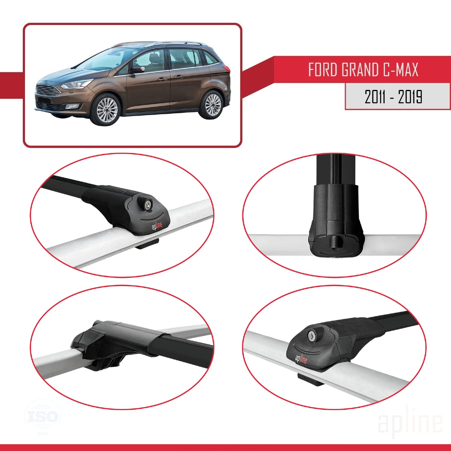 Compatibile con Ford Grand C-Max (C344) 2011-2019 Barre portatutto ACE-1 per auto, barre portatutto in alluminio nero, 3 barre