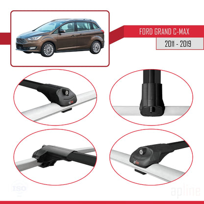 Compatibile con Ford Grand C-Max (C344) 2011-2019 Barre portatutto ACE-1 per auto, barre portatutto in alluminio nero, 3 barre