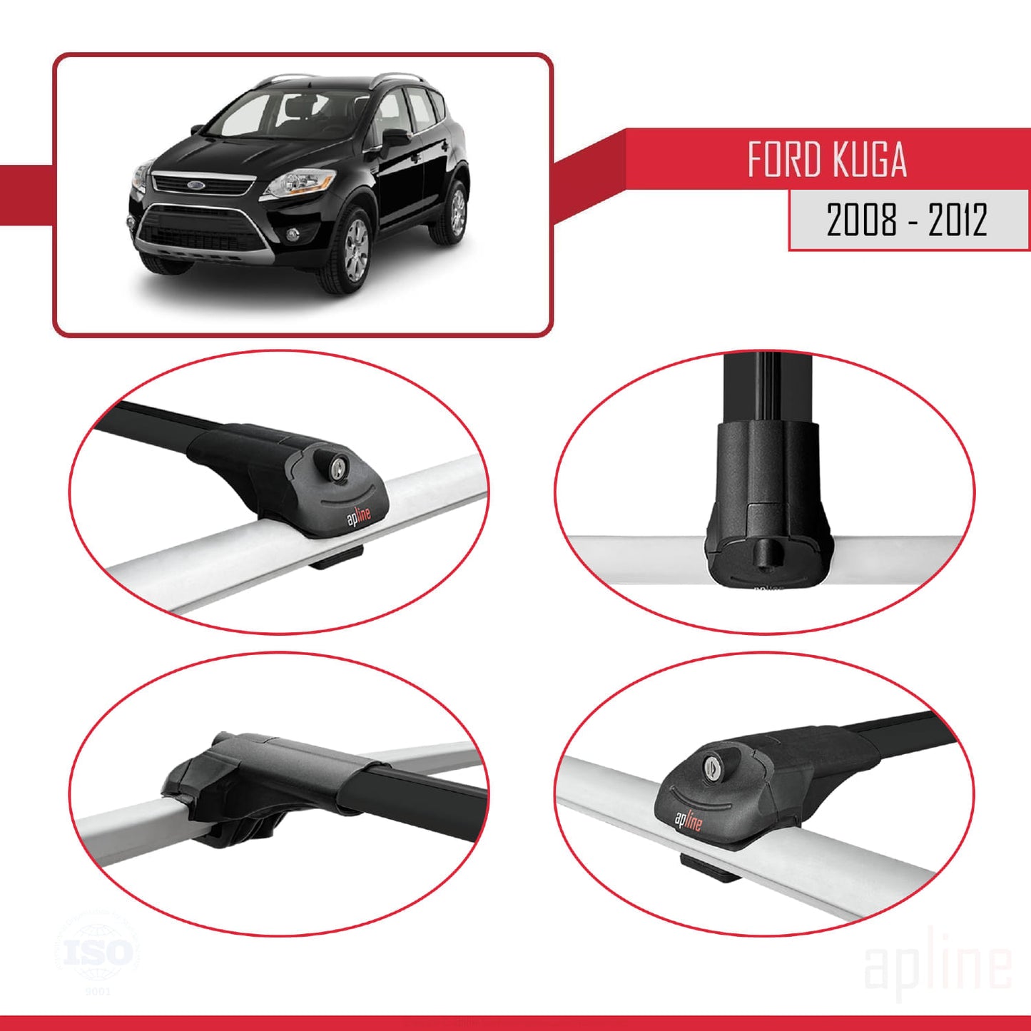 Compatibile con Ford Kuga (C394) 2008-2012 ACE-1 Barre portatutto per auto Portapacchi in alluminio nero 3 barre