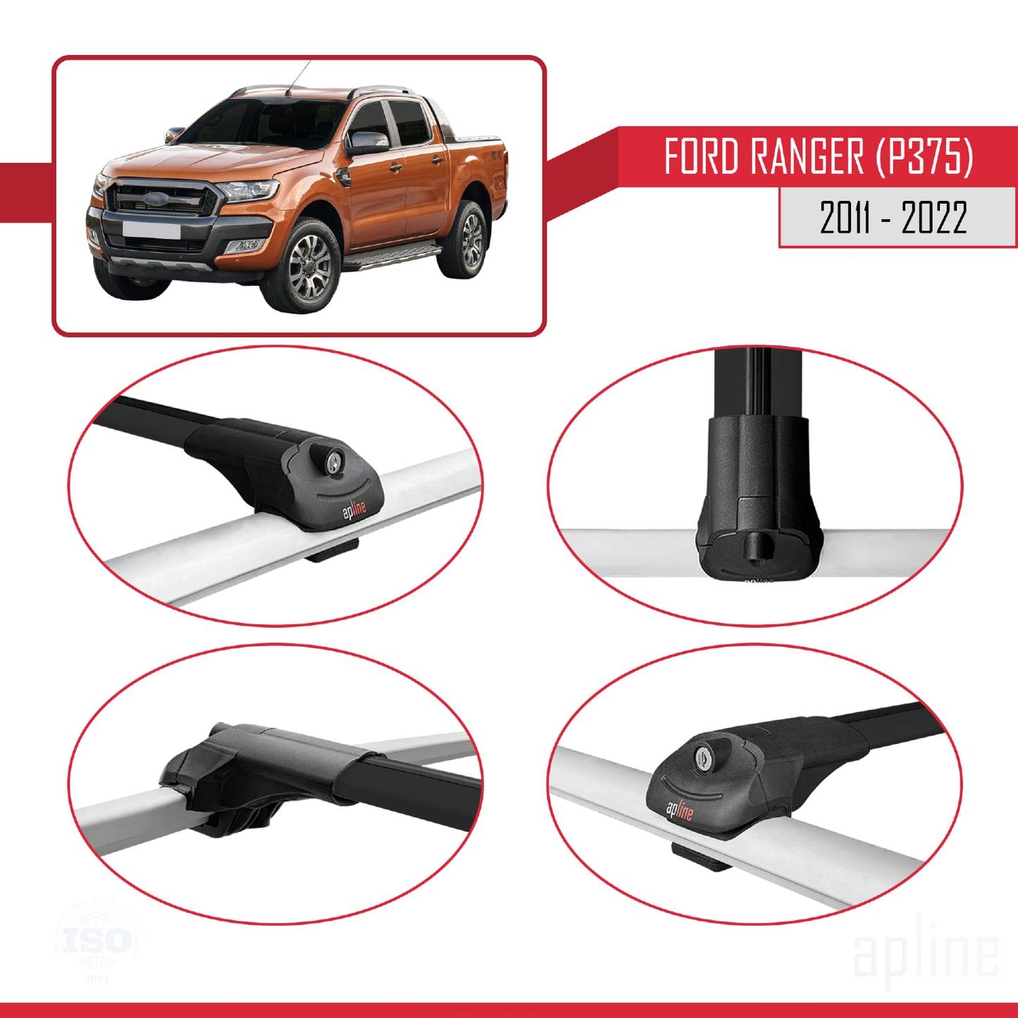 Compatibile con Ford Ranger (P375) 2011-2022 ACE-1 Barre portatutto per auto Portapacchi in alluminio nero 3 barre