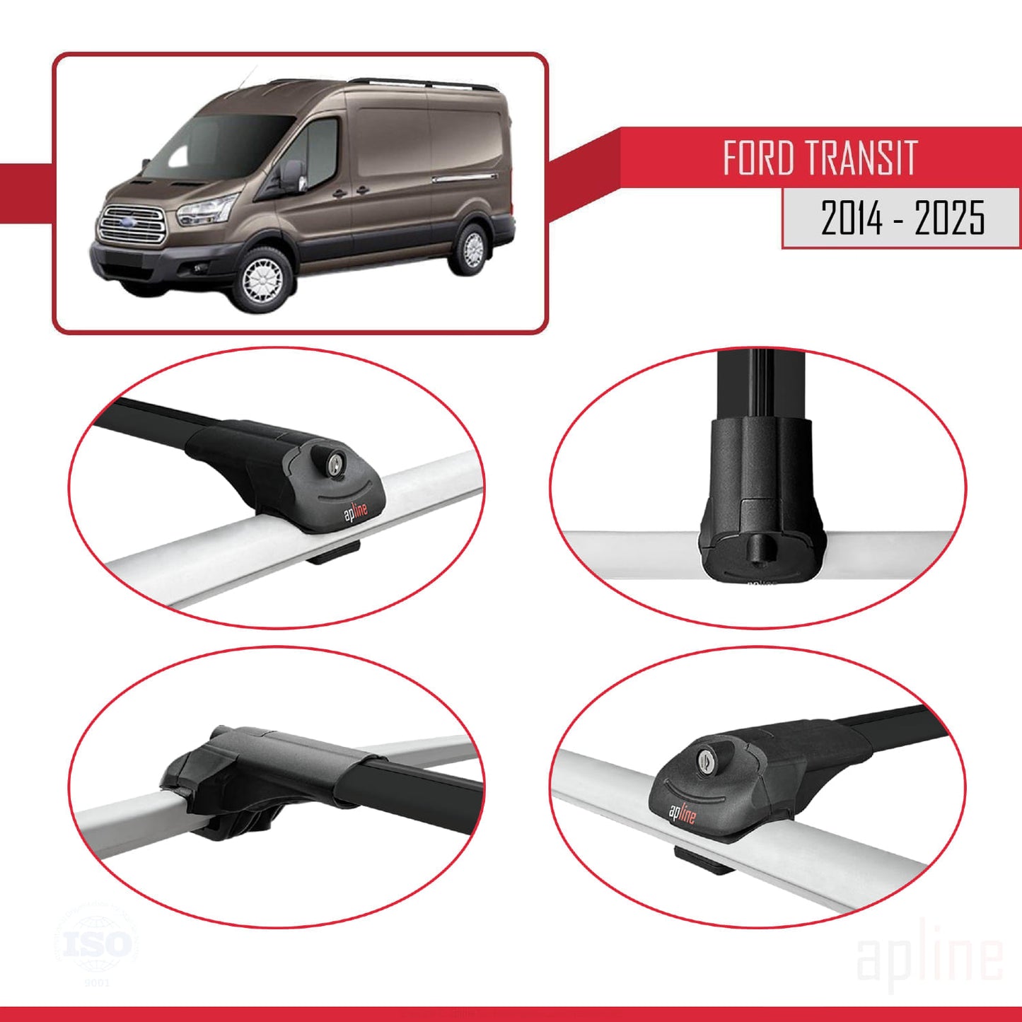 Compatibile con Ford Transit 2014-2025 ACE-1 Barre portatutto per auto Portapacchi in alluminio nero 4 barre
