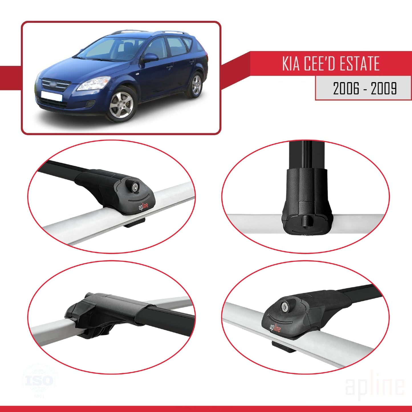 Compatible avec Kia Ceed (ED) Break Pre-Facelift 2006-2009 ACE-1 Barres de Toit Railing Porte-Bagages de Voiture Noir Aluminium 3 Barres