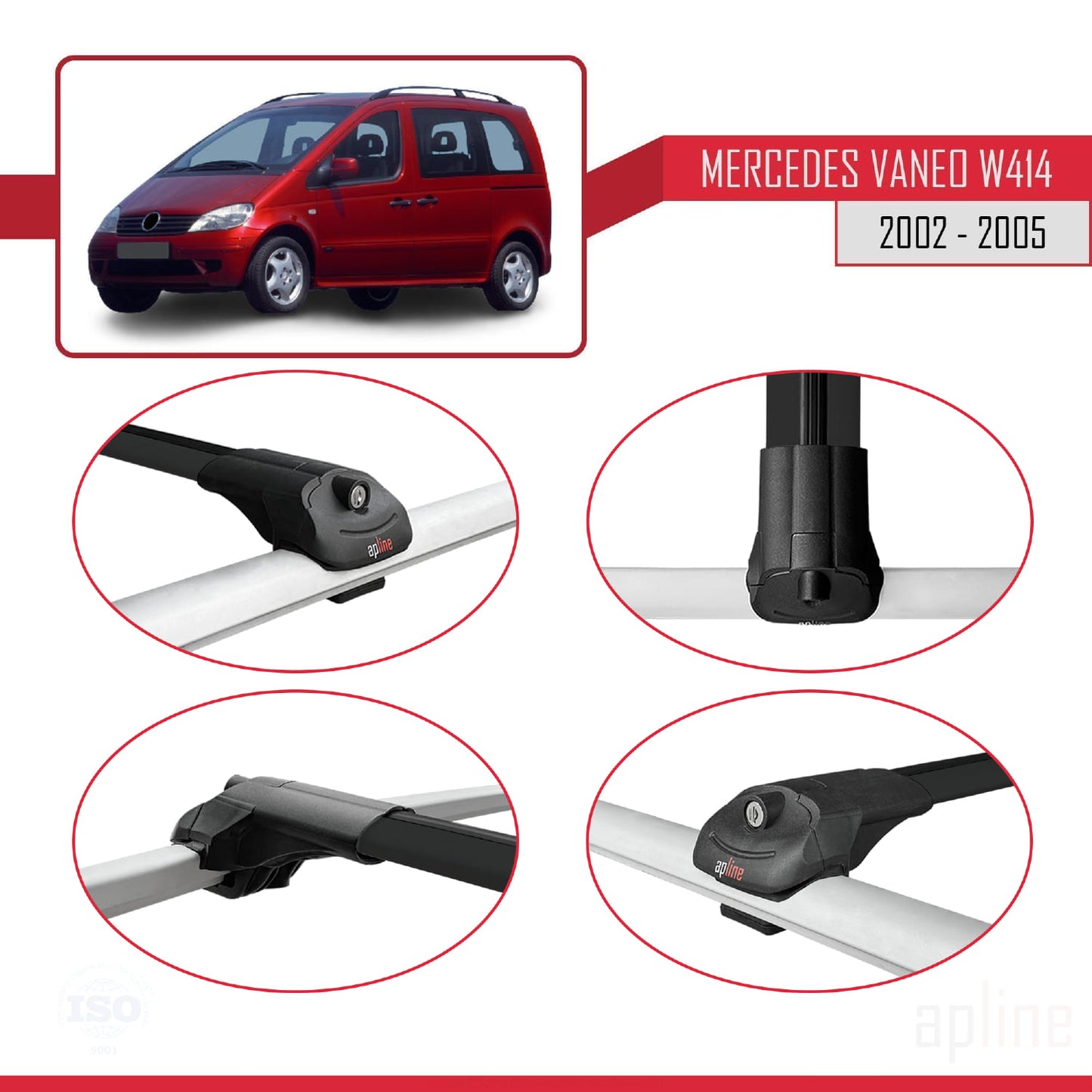 Compatible avec Mercedes Vaneo (W414) 2002-2005 ACE-1 Barres de Toit Railing Porte-Bagages de Voiture Noir Aluminium 3 Barres