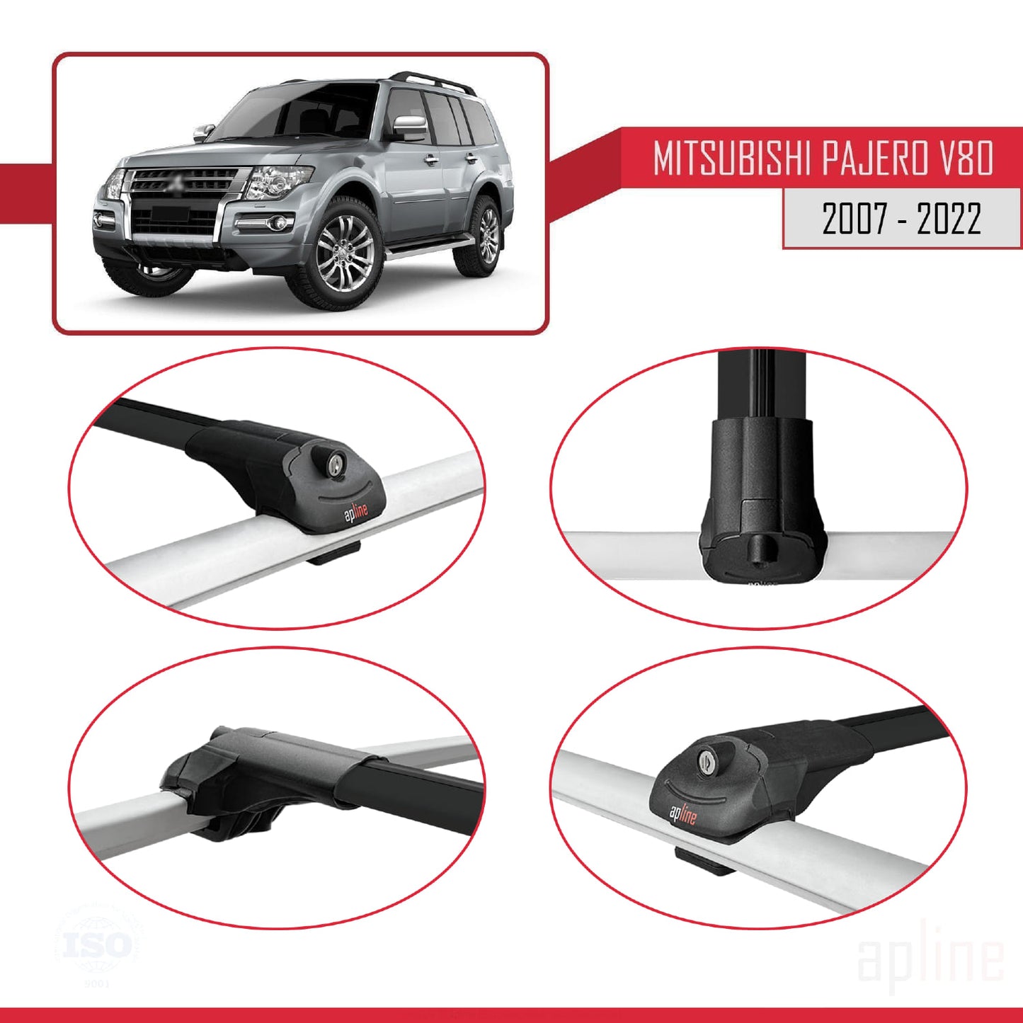 Compatible avec Mitsubishi Pajero (V80) 2007-2022 ACE-1 Barres de Toit Railing Porte-Bagages de Voiture Noir Aluminium 3 Barres