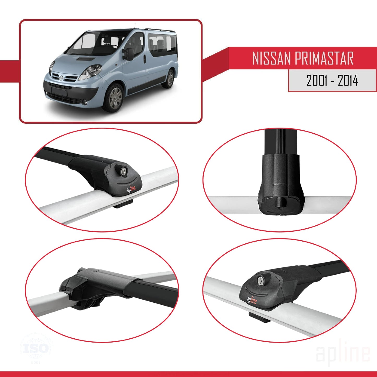 Compatible avec Nissan Primastar 2001-2014 ACE-1 Barres de Toit Railing Porte-Bagages de Voiture Noir Aluminium 4 Barres