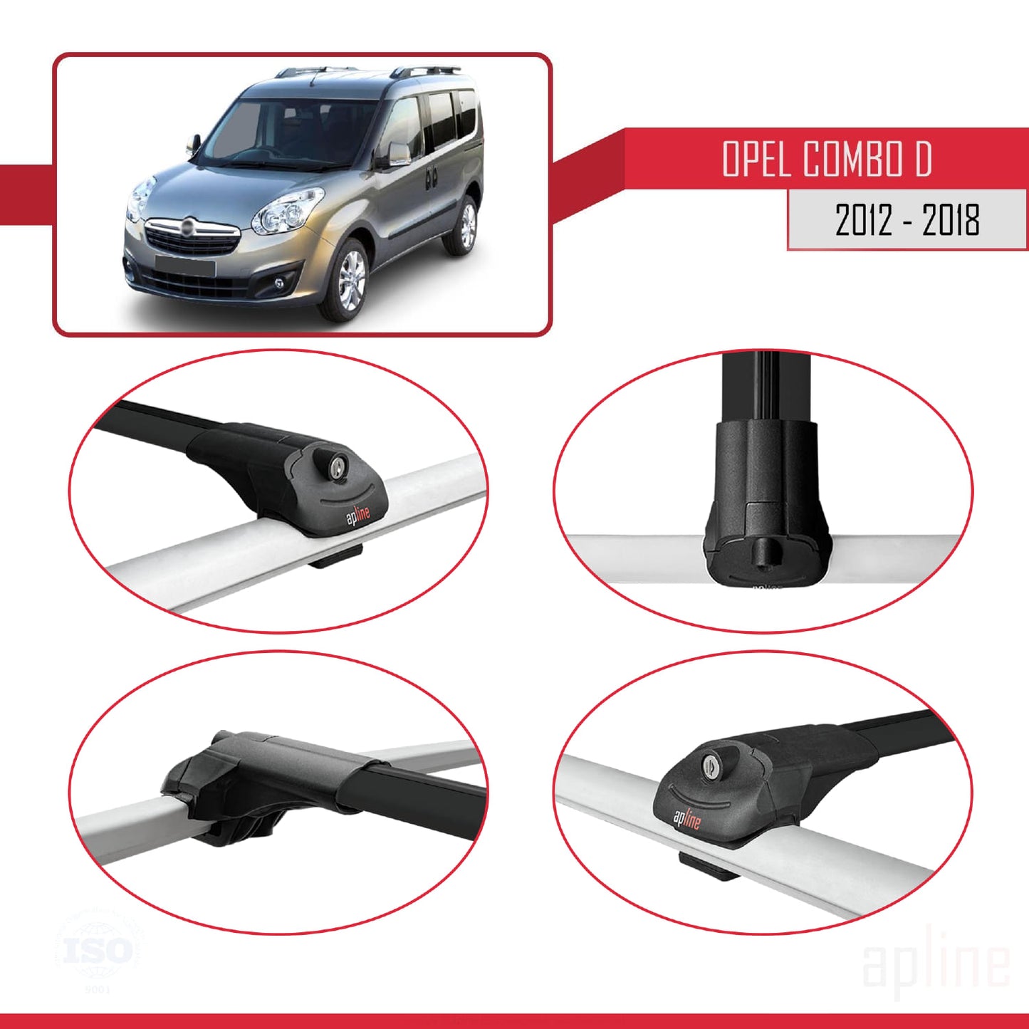 Compatible avec Opel Combo D 2012-2018 ACE-1 Barres de Toit Railing Porte-Bagages de Voiture Noir Aluminium 2 Barres