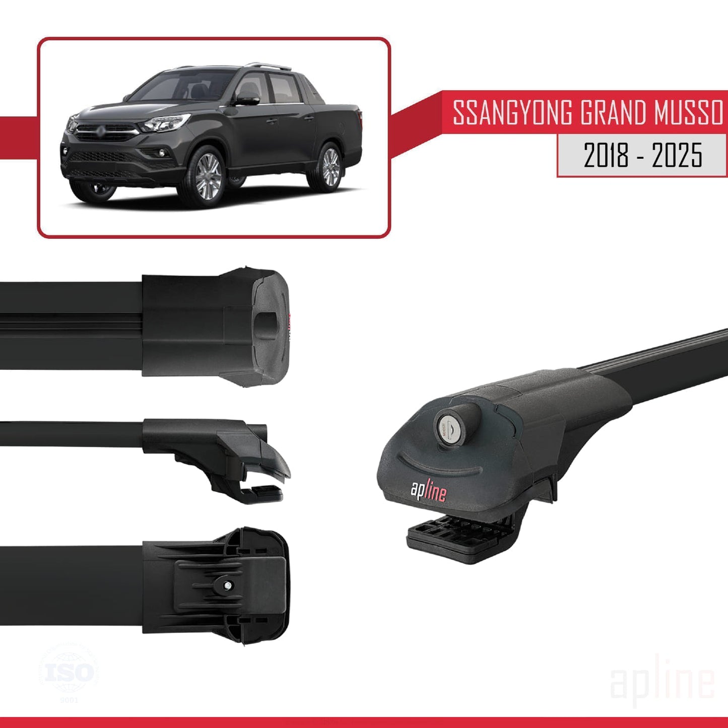 Compatible avec Ssangyong Grand Musso 2018-2025 ACE-1 Barres de Toit Railing Porte-Bagages de Voiture Noir Aluminium 3 Barres