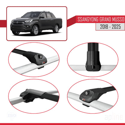 Compatible avec Ssangyong Grand Musso 2018-2025 ACE-1 Barres de Toit Railing Porte-Bagages de Voiture Noir Aluminium 3 Barres