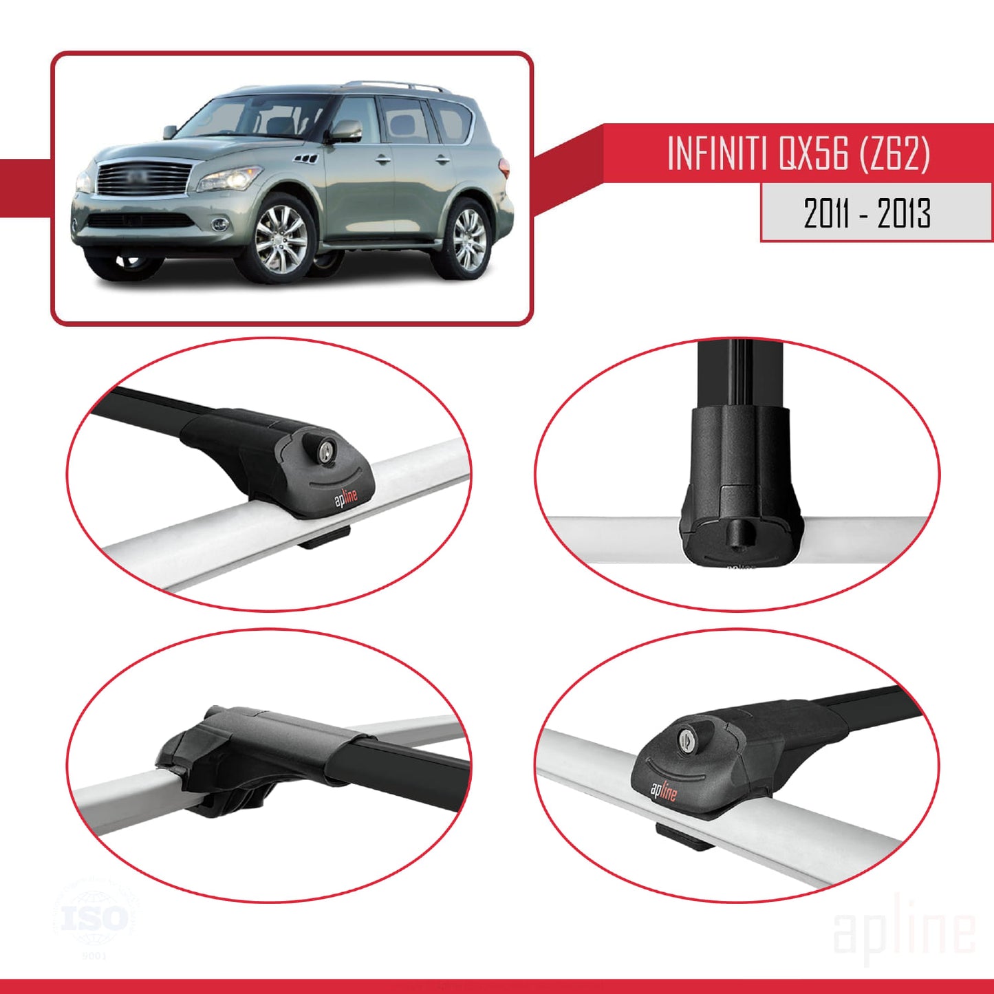 Compatible avec Infiniti QX56 (Z62) 2011-2013 ACE-1 Barres de Toit Railing Porte-Bagages de Voiture Noir Aluminium 2 Barres