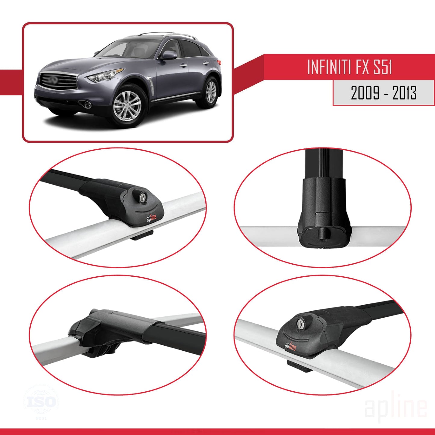 Compatibile con Infiniti FX 2 (S51) 2009-2013 ACE-1 Barre Tetto Portapacchi Auto Barre Portatutto Nero Alluminio 2 Barre
