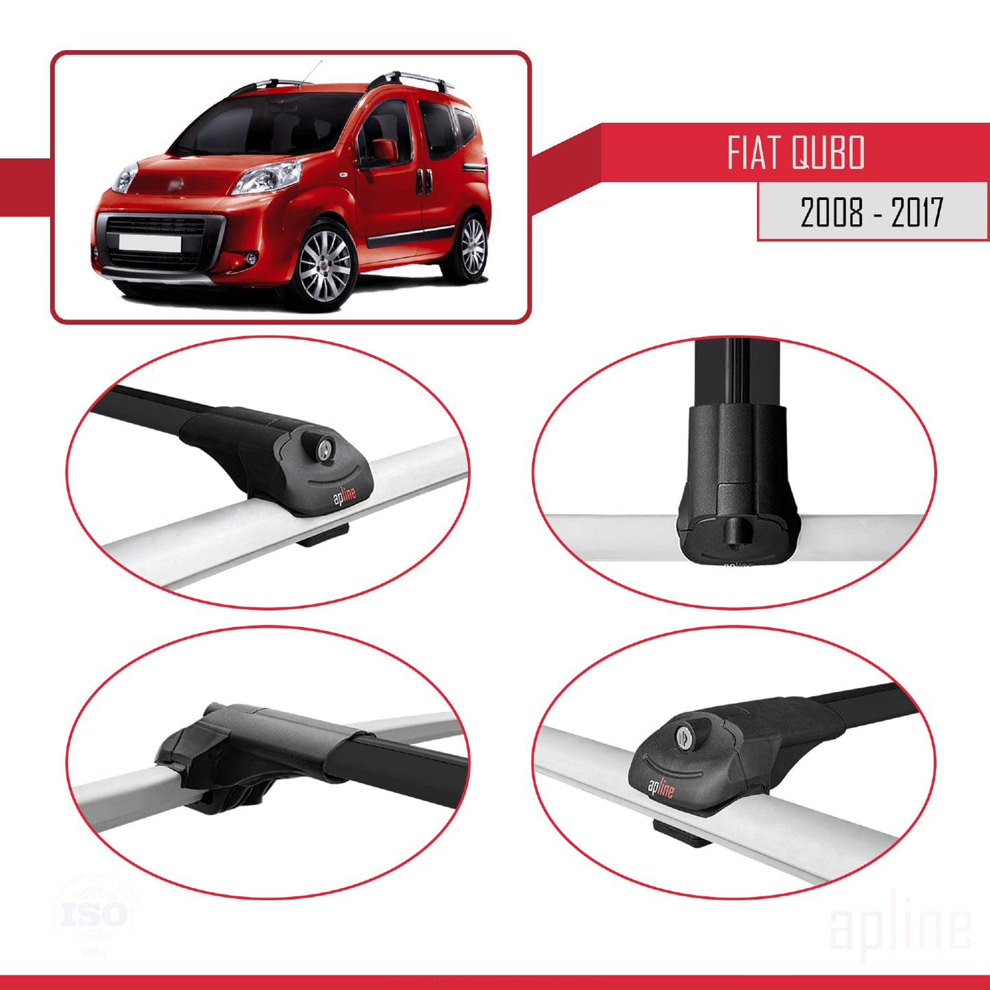 Kompatibel mit Fiat Qubo 2008-2017 ACE-1 Dachgepäckträger, Reling, Gepäckträger, schwarzes Aluminium, 2 Stangen