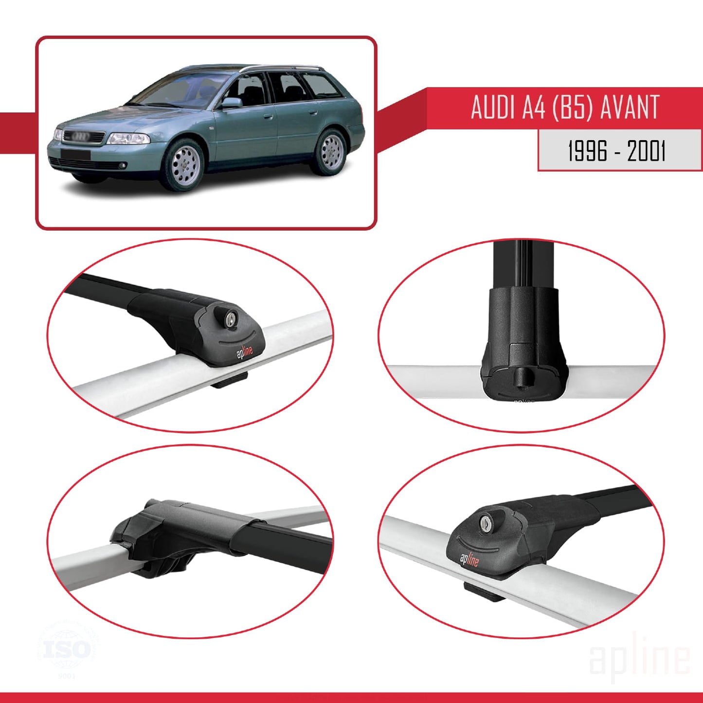 Compatibile con A4 (B5) Avant 1996-2001 ACE-1 Barre portatutto per auto Portapacchi Alluminio nero 2 barre