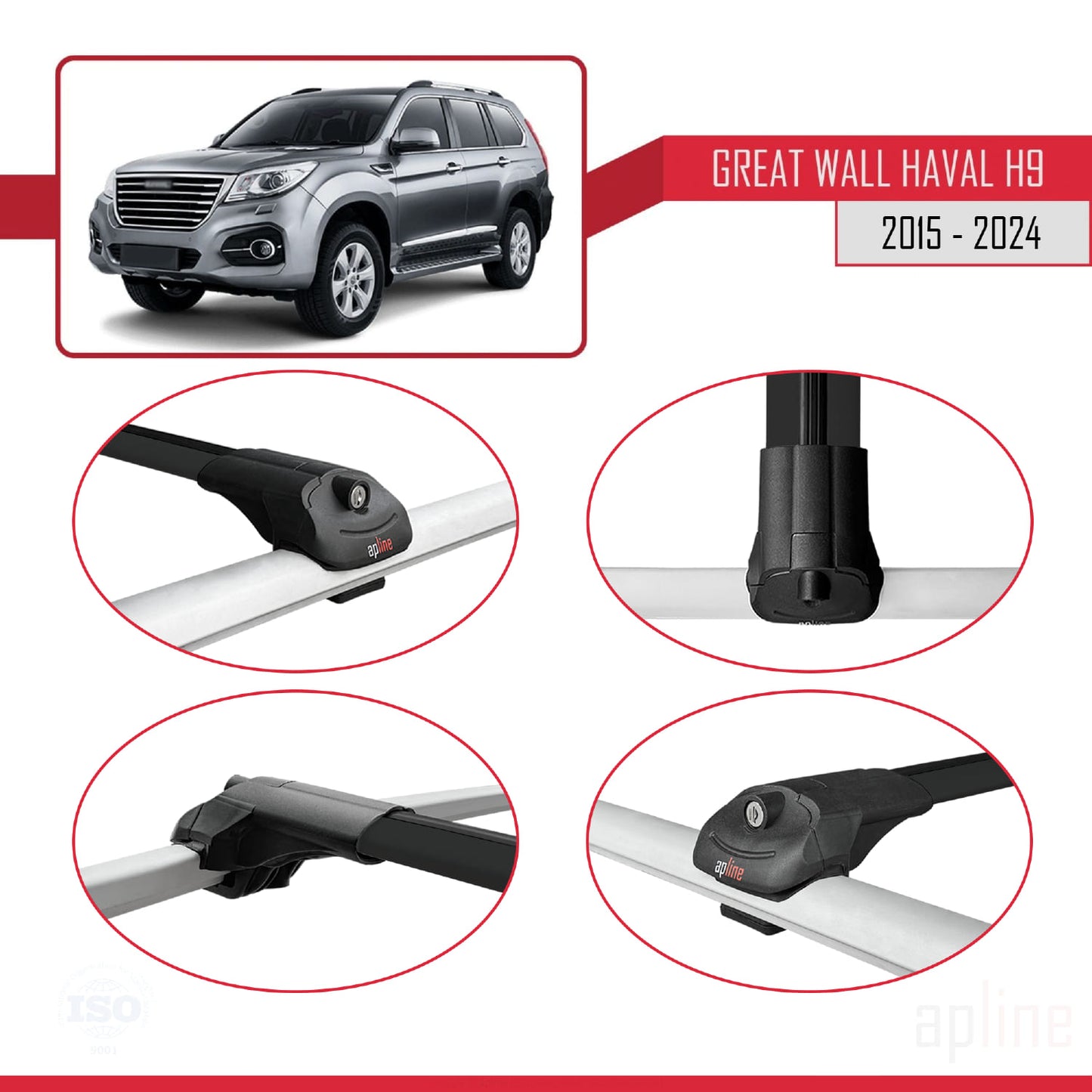Compatibile con Great Wall Haval H9 2015-2023 ACE-1 Barre portatutto per auto Portapacchi in alluminio nero 3 barre