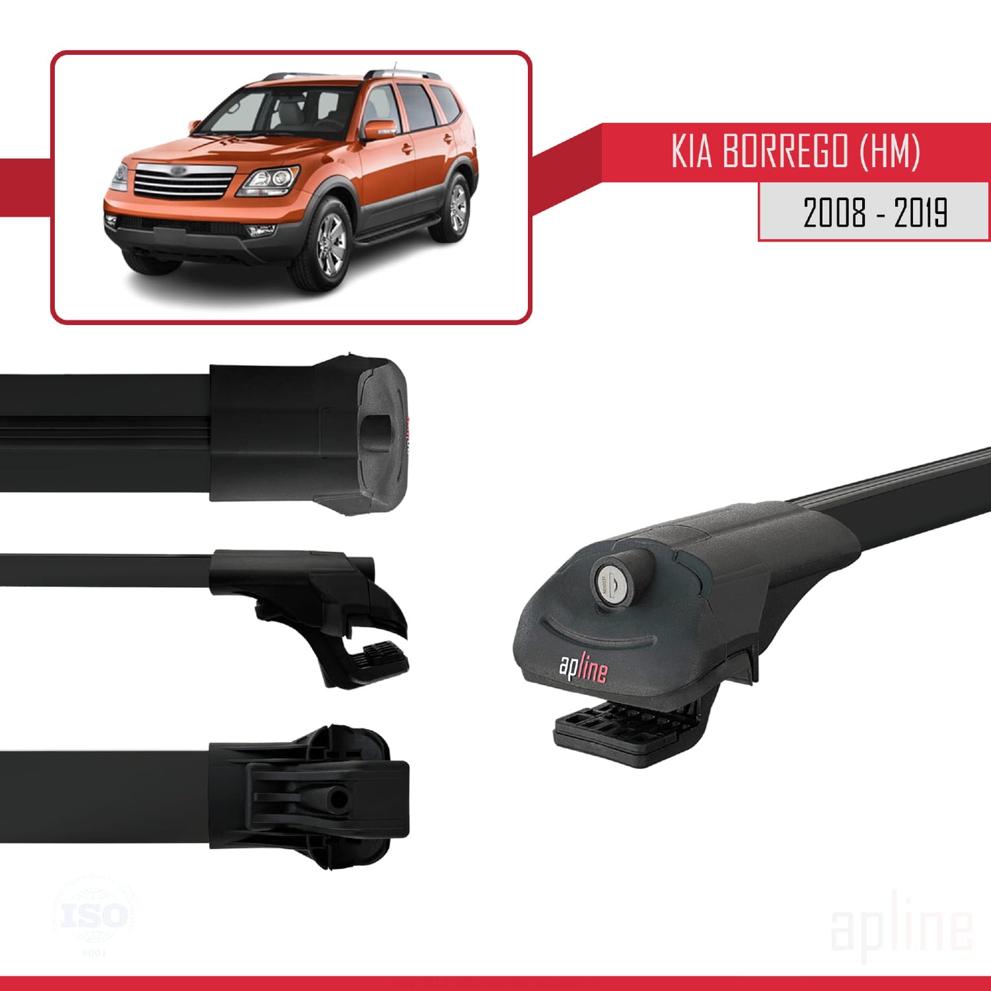 Compatible with Kia Borrego (HM) 2008-2019 ACE-1 Car Roof Rack Cross Bar Black Aluminium 3 Bars