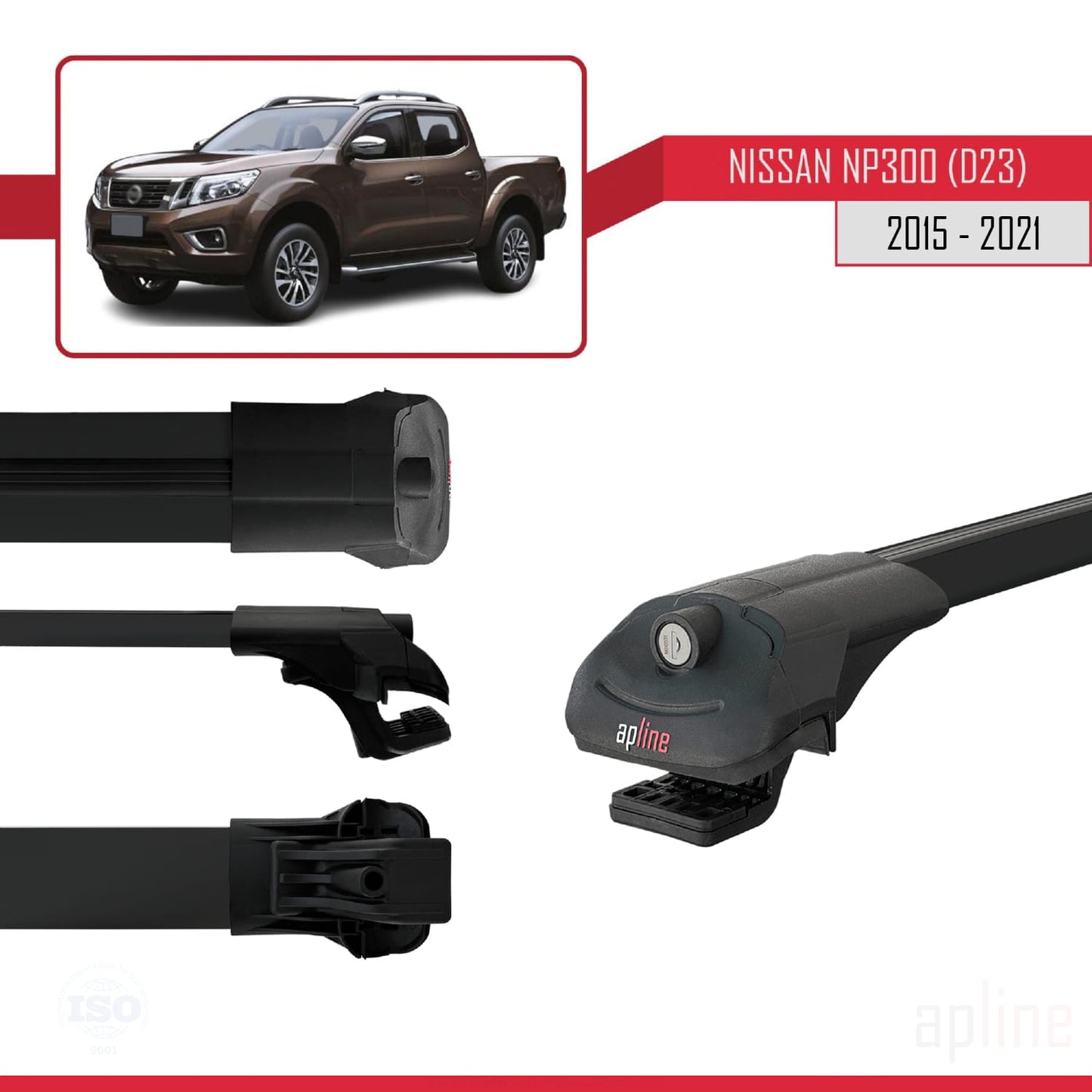 Compatible with Nissan NP300 (D23) 2015-2021 ACE-1 Car Roof Rack Cross Bar Black Aluminium 2 Bars