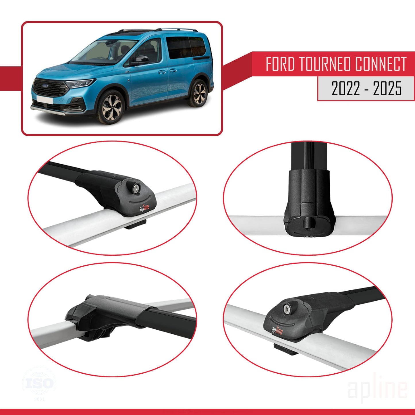 Compatible with Ford Transit/Tourneo Connect 3 2022-2025 ACE-1 Car Roof Rack Cross Bar Black Aluminium 2 Bars